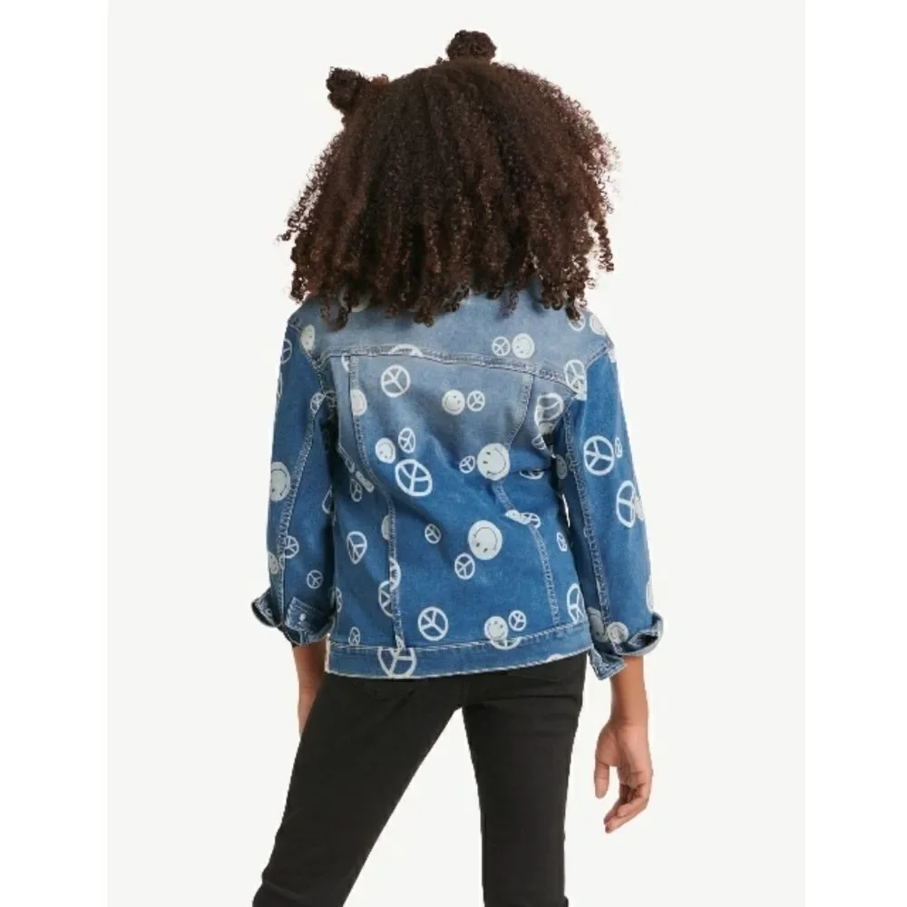 Justice Stranger Things Limited Discharged Denim Jacket Peace Smiley Face Sz XL